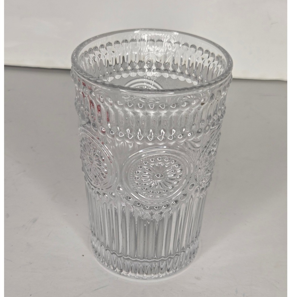Pioneer Woman Clear Embossed Adeline Medallion Tumbler Drinking Glass And Flags